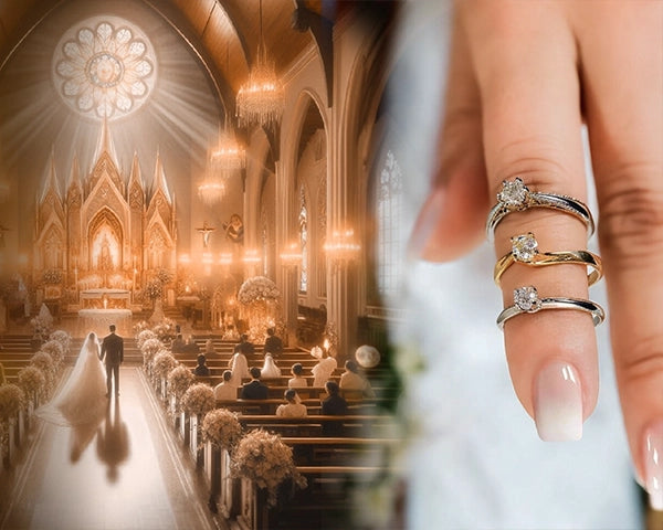 Boda tradicional en el altar y una mano con 3 anillos con diamantes engastados. 