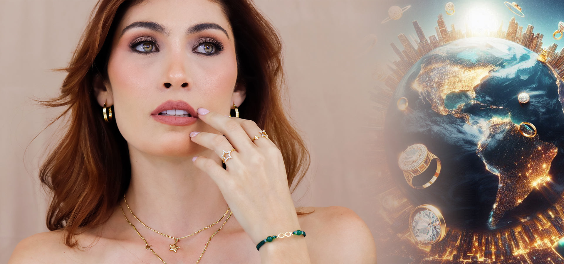 Modelo con joyas de oro y envíos internacionales de todas nuestras joyas de oro 18k.