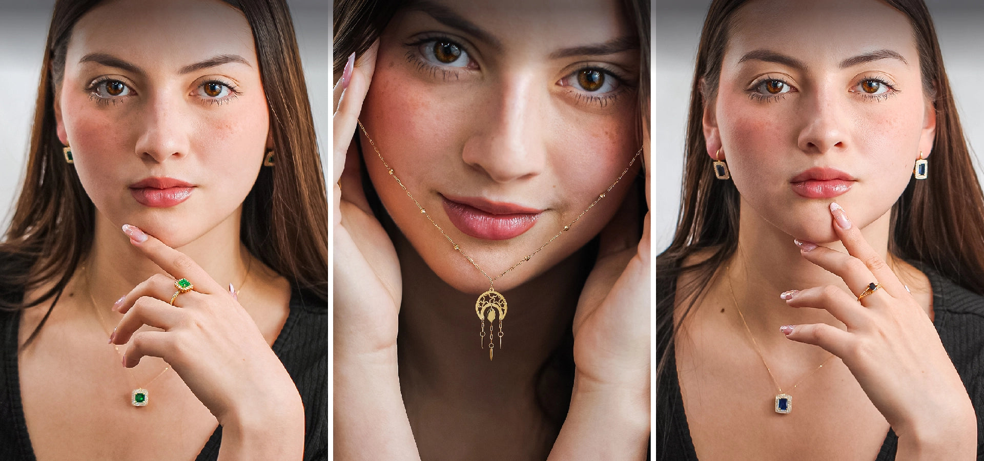 Modelo con collares y aretes de Joyería Caracas en oro 18k.