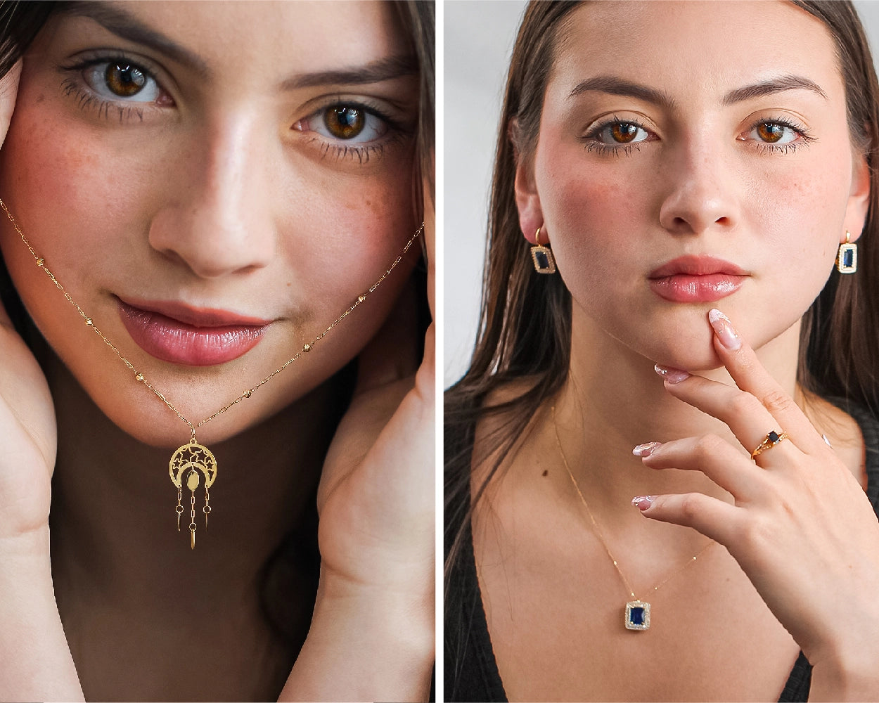 Modelo con deslumbrantes collares y aretes de Joyería Caracas en oro 18k.